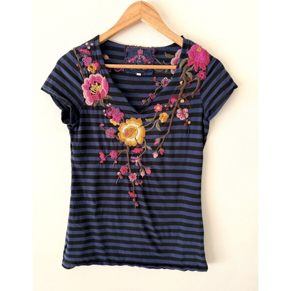 Johnny Was Tops - Johnny Was T-Shirt Womens Large Short Sleeve Striped Embroidered Tee Top